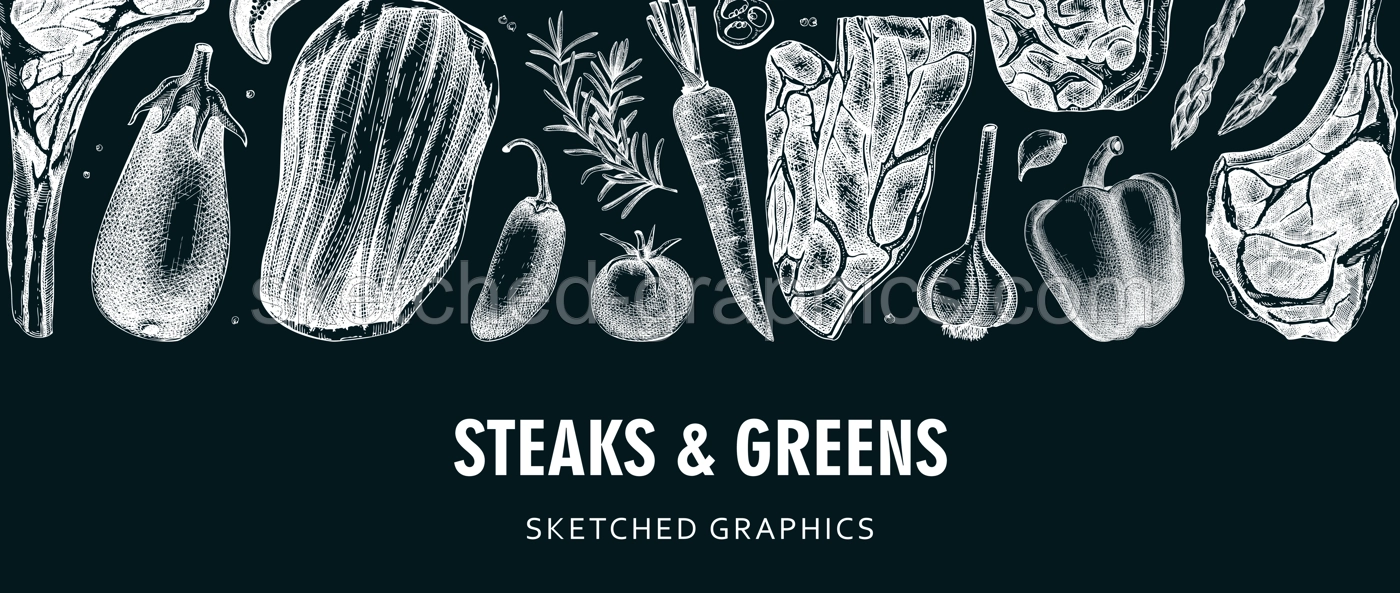 Healthy food border on chalkboard. Vintage style meat and vegetable vector background. Raw steaks sketches. Hand drawn food illustrations. NOT AI generated Illustration